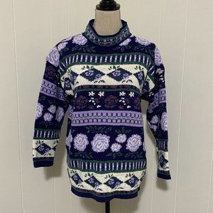 Vintage 80s Purple and White Floral Mockneck Knit Sweater Retro Preppy Sz Large